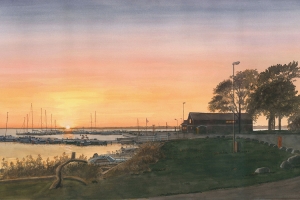 Reproducerad akvarell/giclée - Solen går ner över hamnen i Stora rör